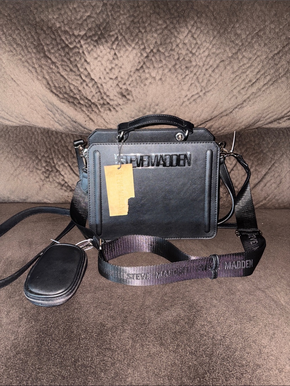 Steve Madden Black Structured Crossbody Bag with Branded Strap